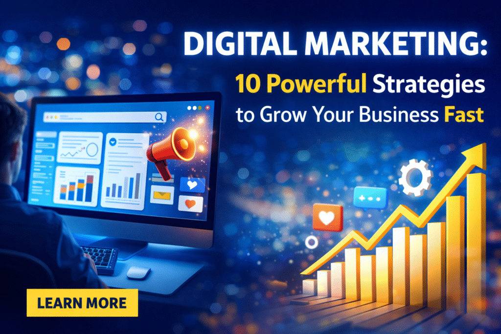 Digital marketing strategies illustration showing business growth chart, analytics dashboard, and online promotion elements on a laptop screen.
