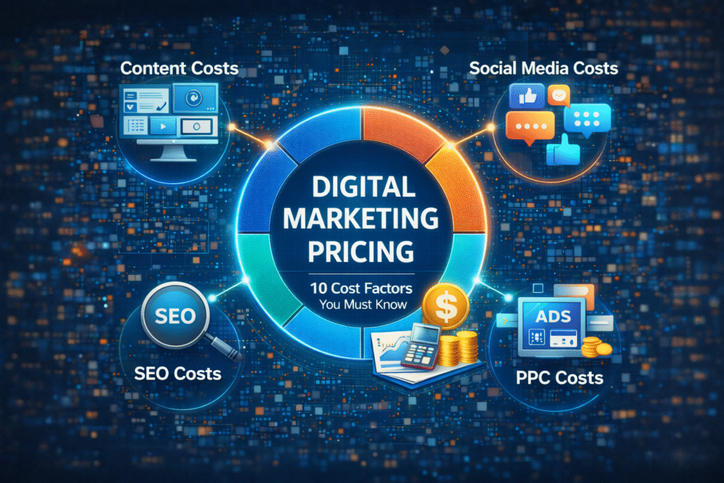 Digital marketing pricing cost comparison with SEO, ads, and social media strategy chart.