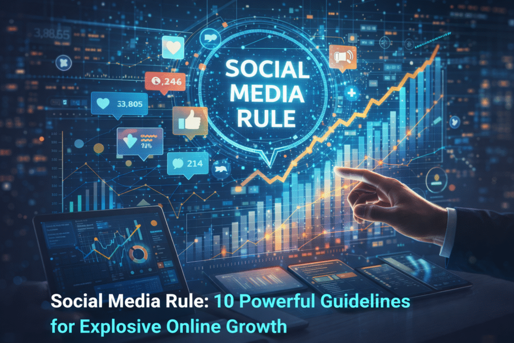 Social media rule growth strategy with analytics and engagement metrics dashboard.
