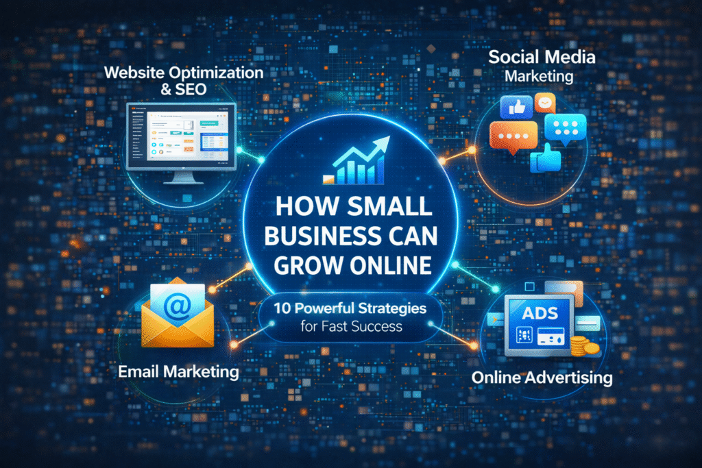 How small business can grow online strategy illustration with SEO, social media, email, and online ads.