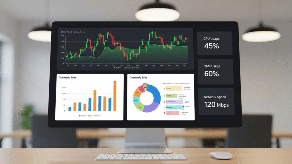 Performance marketing analytics dashboard on desktop monitor displaying sales charts, campaign data, CPU usage, RAM usage, and network performance metrics.