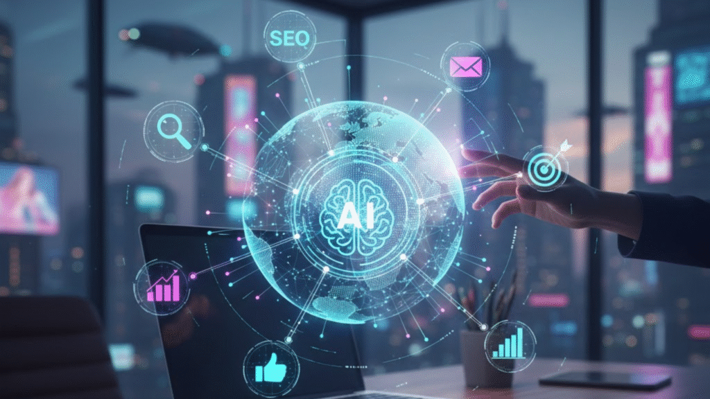AI in digital marketing strategy illustration with analytics dashboard and SEO elements